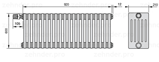 Схема (чертеж) Радиатор Zehnder Charleston 6060/20 №V012 Белый глянцевый RAL 9016